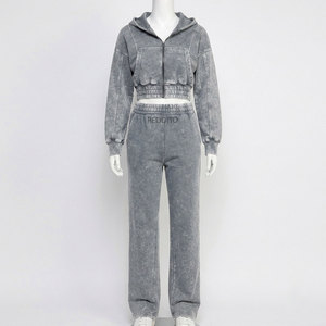 Ensemble de survêtements en molleton à capuche délavé pour femme, 2 pièces, gris uni, décontracté, manches longues, coupe ample, toutes saisons - Product Image 1