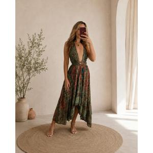 Robe longue 100 % coton de qualité supérieure à imprimé floral, coupe trapèze sans manches, style vacances d'été, respirante, froncée, ourlet asymétrique - Product Image 1