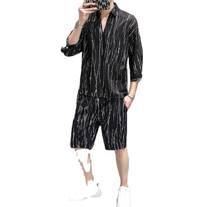 Men Summer Striped Sets Streetwear Loose Short <b>Sleeve</b> Shirt and Shorts Beach Breathable Set for Men - Product Image 6