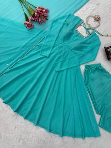Conjunto de Vestido Anarkali Turquesa, Ropa Étnica India y Pakistaní, Kurti Largo Reversible, Elástico y Sin Arrugas con Dupatta - Product Image 4