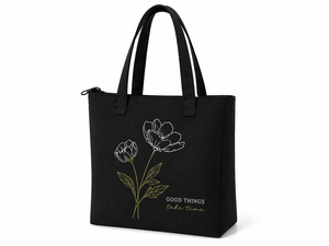 Sac fourre-tout en toile noire à motif floral avec fermeture éclair, design minimaliste pour le shopping toutes saisons - Product Image 1