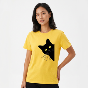 เสื้อยืดสีเหลืองสำหรับผู้ชาย พิมพ์ลายการ์ตูนแมวสีดำ แขนสั้น คอกลม ทรงลำลอง ผ้าฝ้ายเจอร์ซีย์ 100% - Product Image 2