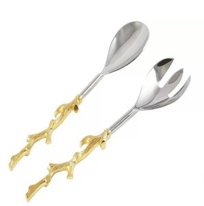 Brass Gold Finished Salad Server <b>Serving</b> <b>Spoon</b> & Fork with Cute Leaf handle For Kitchenware & Dining Table Salad Server - Product Image 5