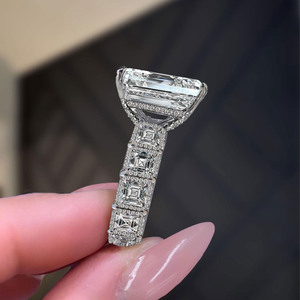 Emerald & Round Cut Moissanite Diamond Halo Engagement <b>Ring</b> <b>Iced</b> Out Style Hidden Halo Solitaire Wide Band Cocktail Wedding <b>Ring</b> - Product Image 3