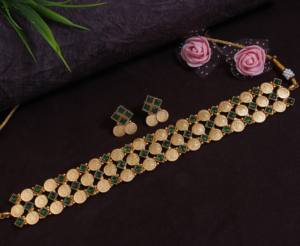 High Quality Matte Finish <b>Gold</b> Plated Copper Alloy Coin Choker <b>Set</b> Synthetic Stone Temple Indian Ethnic Women's Jewelry <b>Sets</b> - Product Image 6