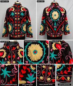 Artisan Black Hand Embroidery Jacket Women Boho Chic Winter Bomber Handmade Masterpiece Ethnic <b>Needlework</b> Coat Gift Coat Set - Product Image 6