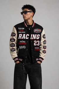Men's Bomber <b>Jacket</b> Hooded Waterproof Vintage <b>Patchwork</b> Embroidered Streetwear Black for Sleeve Regular Fit V-neck 100% Wool - Product Image 5
