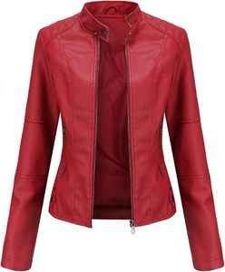 Women's Red PU Leather Bomber Jacket with <b>Zipper</b> Closure Turn Down Collar Full Sleeve Waterproof Casual Autumn Style - Product Image 3
