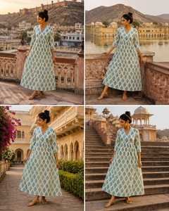 Bohemian Floral Printed Cotton Vintage Eco-Friendly <b>Dress</b> Natural Waist <b>Elastic</b> Closure Long Sleeve V-Neck Maxi - Product Image 5