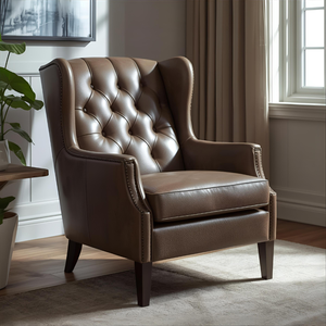 Fauteuil d'appoint de luxe en cuir marron avec dossier capitonné, style vintage, pour salon, bureau, hôtel - Product Image 2