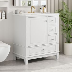 Mobile da Bagno Bianco da 30 Pollici con Lavabo, Una Porta e Ripiano, Tre Cassetti con Chiusura Ammortizzata - Product Image 4