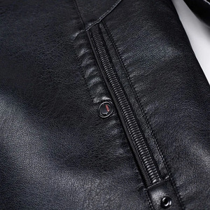 Men's <b>Black</b> PU Leather Moto Biker <b>Jacket</b> Stand Collar Zipper Closure <b>Faux</b> <b>Fur</b> Lining Autumn Style Regular Sleeve - Product Image 6