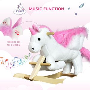 Sedia a dondolo in legno a forma di unicorno in peluche bianco e rosa con canzone ninna nanna per bambini da 18 a 36 mesi, che offre comfort e gioia - Product Image 5