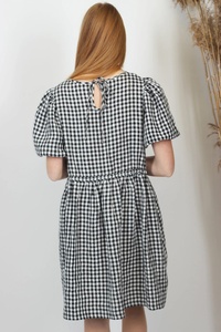 Nouvelle arrivée : robe smock en coton à carreaux avec manches bouffantes courtes, mi-longue, formelle, coupe A, pour femmes - Product Image 4