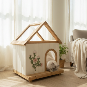 Casa Moderna para Gatos de Cedro con Techo Acrílico, Refugio para Mascotas de Madera Blanca para Interiores y Exteriores, para Gatos y Perros Pequeños - Product Image 1