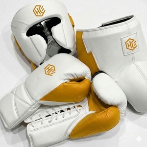 OEM Top Quality White Yellow Cowhide Leather Boxing Complete Set Durable <b>Training</b> <b>Head</b> Gear and Goin Guard Boxing Gloves - Product Image 1