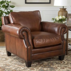 Fauteuil de luxe en cuir de vachette véritable, canapé d'appoint rembourré en cuir de vache véritable avec accoudoirs roulés et garniture cloutée pour salon - Product Image 1