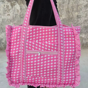 Handcrafted Cotton Frill <b>Tote</b> Bag Quilted Floral Print Ruffle Shoulder Shopping Bag for Women Ruffle Shoulder Bag - Product Image 1