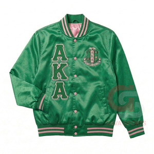 Chaqueta bomber satinada estilo universitario premium con bordado griego verde y rosa, estilo AKA, con letras griegas de hermandad, a prueba de viento. - Product Image 1