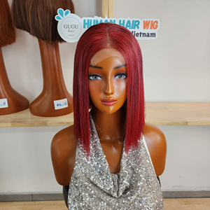 Perruque Bob en gros, cheveux vierges vietnamiens ultra-lisses pour femmes, perruque sans colle avec closure 2x6 en dentelle, couleur bordeaux - Product Image 1