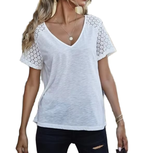 T-shirt pour femmes à col en V et manches en dentelle, 100% coton, haut décontracté d'été, logo personnalisé, OEM ODM, fabricant en gros - Product Image 4