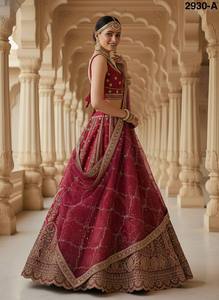 Lehenga rojo de organza bordado con top corto y dupatta, vestido de dama de honor largo hasta el suelo 2930-A - Product Image 5