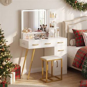 White <b>Makeup</b> Vanity Desk with LED Lighted 27\" X 20\" <b>Mirror</b> Charging Station Stool 8 Storage Spaces - Product Image 1