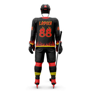 Men Ice Hockey Uniforms Black Red <b>Flame</b> Design 88 Number Sublimated Jersey Full Sleeve V-Neck Fitted Winter Sport Apparel - Product Image 2