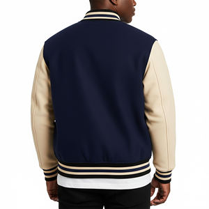 Blouson universitaire homme bleu marine en laine/polyester avec logo brodé sur les manches, fermeture boutonnée sur le devant, doublure en laine, écologique, style preppy - Product Image 6
