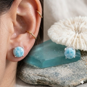 925 <b>Sterling</b> <b>Silver</b> Natural Larimar Round Shape Prong Setting 8mm <b>Stud</b> Earrings Gemstone Jewelry Christian Ceremonies Party Gift - Product Image 2