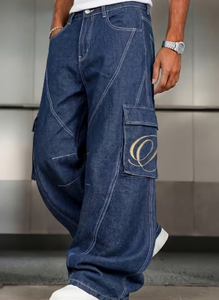 Jean large taille haute pour homme Hardihood International, coupe ample en denim avec poche brodée et motif cachemire - Product Image 5