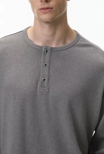 <b>Men's</b> Oversized Gray <b>Henley</b> Long Sleeve Pullover Knitted Cotton Casual Button Up <b>Top</b> Autumn Streetwear Solid Color Regular Fit - Product Image 2