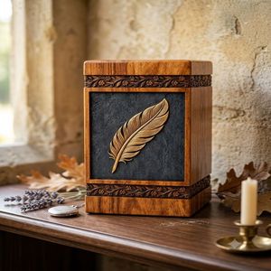 Wooden Cremation Urn Brown Adult <b>Memorial</b> <b>Keepsake</b> <b>Box</b> Carved Feather Design Customizable 200 Cubic Inch Capacity - Product Image 3