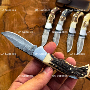 Couteau pliant artisanal de haute qualité en acier Damas, pointe tombante, épaisseur 0,5 mm, verrouillage arrière, manche en corne de cerf, pour activités de plein air, EDC, chasse, fabrication usine - Product Image 4