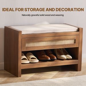Panca Portascarpe in Rattan da 78,5 cm con Cassetto Contenitore, Stile Rustico Boho, Panca da Ingresso con Semplice Cuscino in Lino - Product Image 2