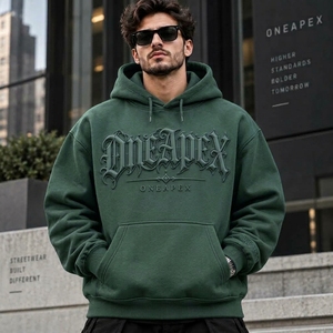 Sweat-shirt à capuche oversize vert foncé gaufré pour homme, style streetwear, avec logo frontal, vente en gros de vêtements - Product Image 5