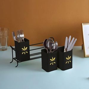 Porta Cubiertos Metálico Rectangular Negro con Diseño de Hoja Dorada, Moderno Organizador de Cocina, Tipo de Pie, Duradero - Product Image 5