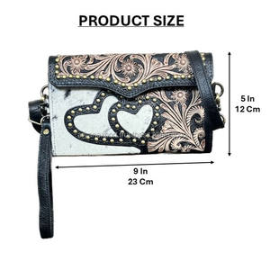 Vintage Western Style Hair On Hide Tooled Leather Shoulder <b>Crossbody</b> <b>Mini</b> <b>Bags</b> New Heart Design Artwork Clutches For Women's - Product Image 2