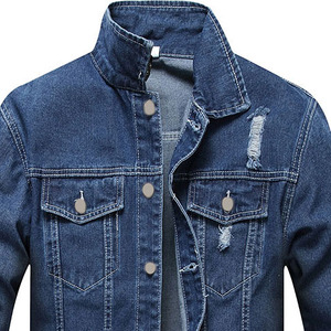 Men's Slim Fit Canvas Jacket Turn-down Collar Frayed Details Casual Winter Wear Regular Length Single Breasted Blue Front - Product Image 3
