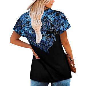 2025 femmes Boho flatteur bleu motif XL hauts habillé col en V tunique haut avec manches courtes et Leggings - Product Image 2