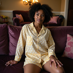 Golden Tranquility Ensemble de vêtements de nuit élégants en satin pour femmes Pyjama en coton doux Coordination Passepoil Jaune Coeur Shorts Automne Printemps - Product Image 6