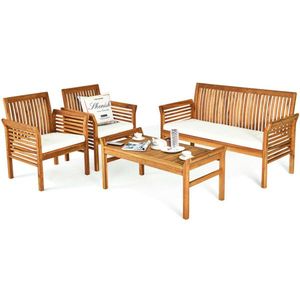 4-Piece Outdoor Acacia Wood Patio Furniture Set with White Cushions Outdoor Sofa Series - Product Image 4