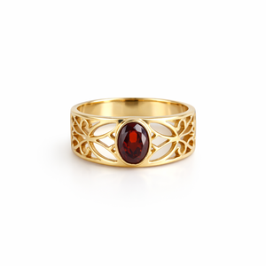 Garnet Filigree <b>Statement</b> <b>Ring</b> Gold Plated Brass Handmade Oval Red Gemstone <b>Ring</b> Elegant Designer <b>Ring</b> For Women - Product Image 1