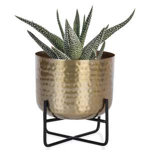 Pot en verre martelé en métal (pot doré avec support rond noir) pour plantes de table, décoration de la maison et du bureau - Product Image 5