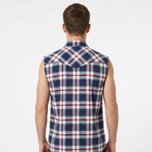 Chemise en flanelle à carreaux bleu marine pour homme, sans manches, col boutonné, décontractée, en coton respirant, pour le printemps, fabriquée sur mesure - Product Image 2