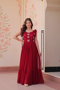 Robes Anarkali indiennes ethniques en tissu Faux Blooming avec broderies de perles multicolores et sequins, robes de mariage. - Product Image 2