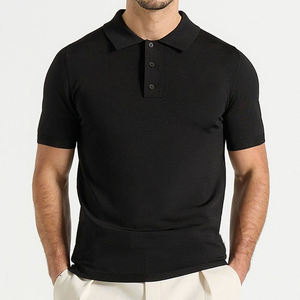 Men's Knit <b>Polo</b> <b>Shirt</b> Short Sleeve Solid Color Regular Fit Casual Button Collar <b>Black</b> 100% Cotton Anti-Pilling - Product Image 2