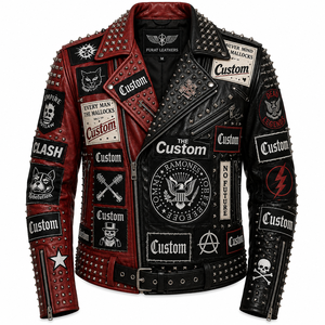 FURAT LEATHERS OEM Red Studded Leather Jacket Stand Custom Punk Skull Embroidered <b>Patch</b> <b>Biker</b> Front Color Men Autumn Breathable - Product Image 3