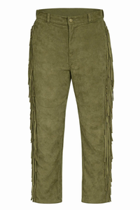 Pantalon en cuir véritable vert olive pour homme, taille haute, coupe droite, décoré de pompons, style décontracté, fermeture boutonnée, idéal pour l'automne - Product Image 2