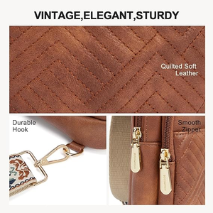 Elegante bolso bandolera para mujer en suave cuero marrón con correa ancha tejida de estilo étnico y múltiples bolsillos con cremallera. - Product Image 2